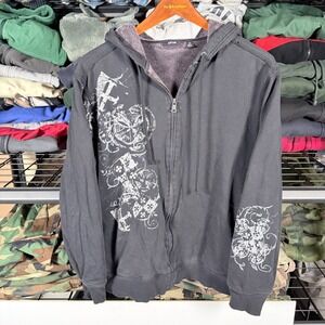 Y2K APT 9 Mens Black Full Zip Hoodie Fleece Lined Graphic Print Size Medium